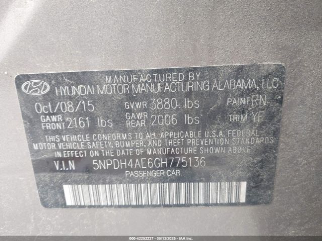 5NPDH4AE6GH775136 Hyundai Elantra Value Edition