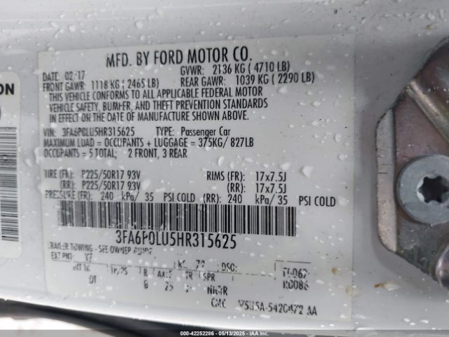3FA6P0LU5HR315625 Ford Fusion Hybrid Se