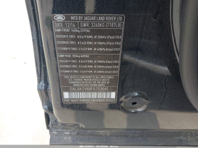 Land Rover super-charged lev2 ulev 2015 SALAK2V68FA752645 Image 9