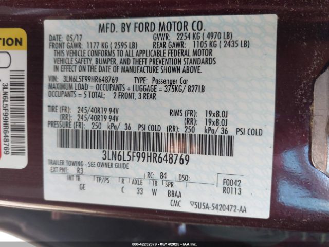 3LN6L5F99HR648769 Lincoln Mkz Reserve