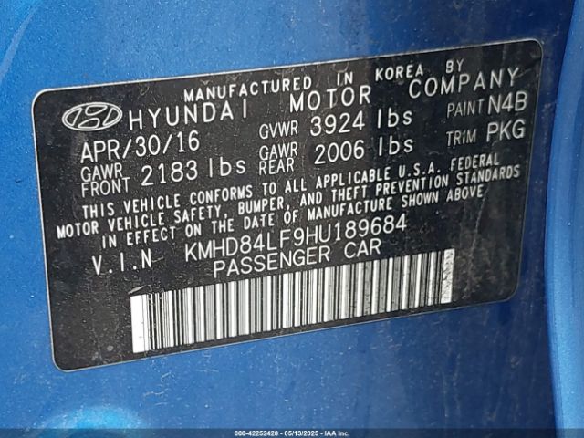 KMHD84LF9HU189684 Hyundai ELANTRA SE