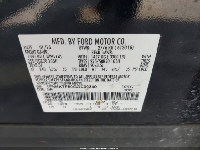 1FM5K7F80GGC09340 Ford Explorer Limited