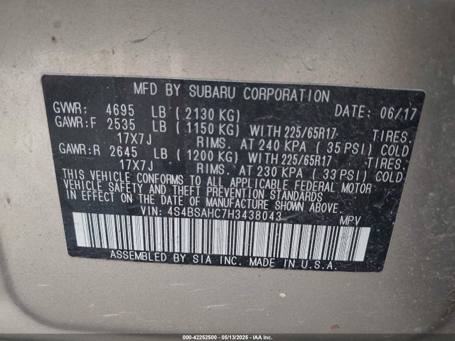 4S4BSAHC7H3438043 Subaru Outback 2.5i Premium
