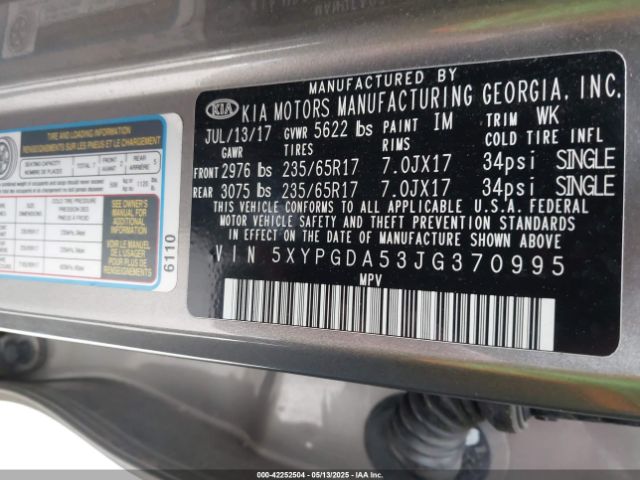 5XYPGDA53JG370995 KIA Sorento 3.3l Lx