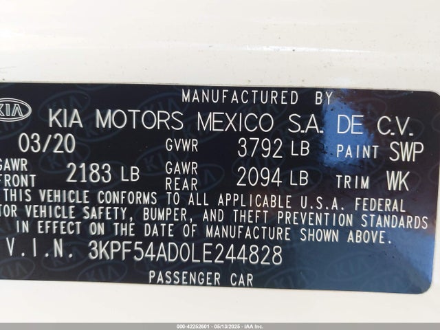 3KPF54AD0LE244828 KIA mpi nu