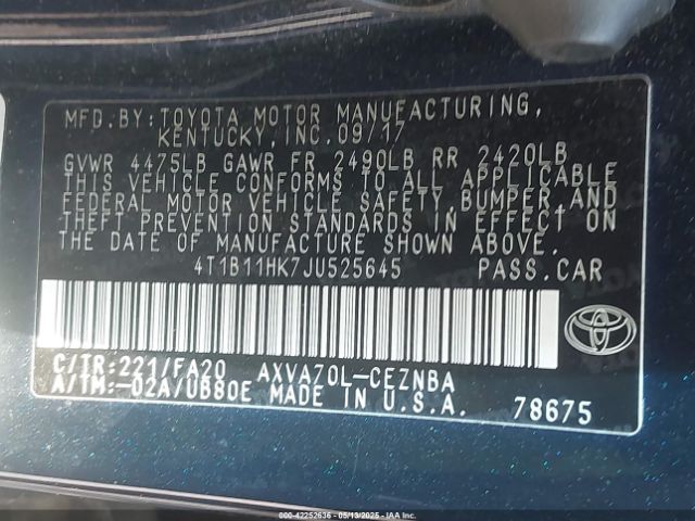 2018 TOYOTA CAMRY 4T1B11HK7JU525645 Photo 8