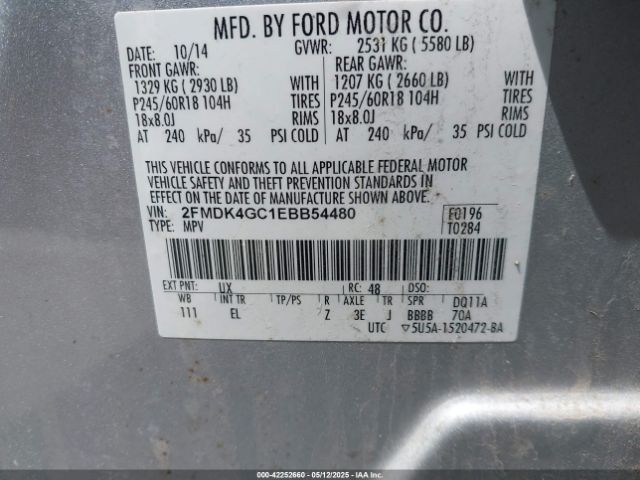 2FMDK4GC1EBB54480 Ford EDGE SE