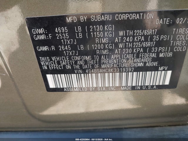 4S4BSAHC8K3319392 Subaru Outback 2.5i Premium