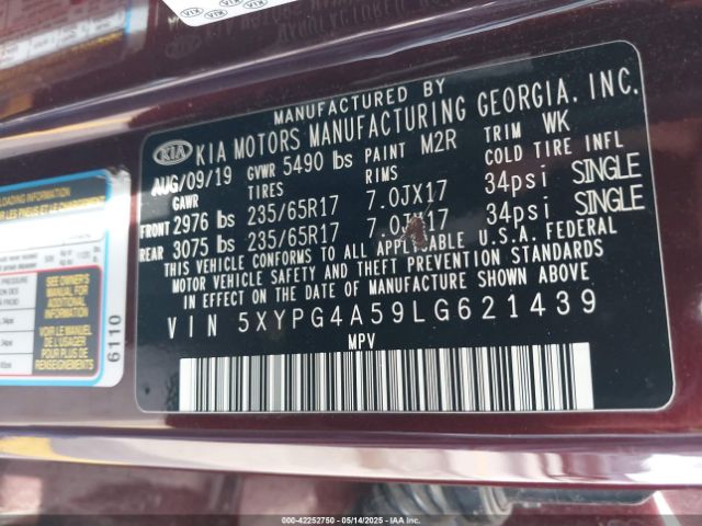 5XYPG4A59LG621439 KIA Sorento 3.3l Lx