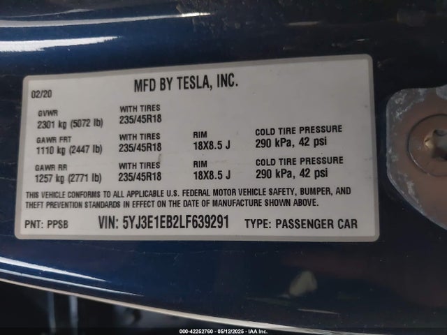 2020 TESLA MODEL 3 5YJ3E1EB2LF639291 Photo 8