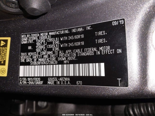 5TDBZRFH7KS728639 Toyota Highlander Le