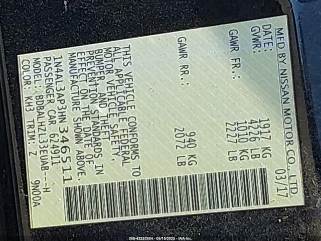 1N4AL3AP3HN346511 Nissan Altima 2.5 Sr