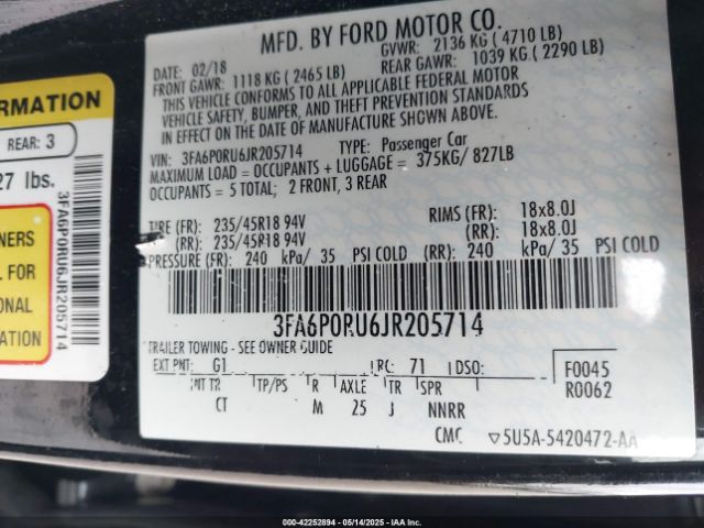 2018 FORD FUSION HYBRID 3FA6P0RU6JR205714 Photo 8