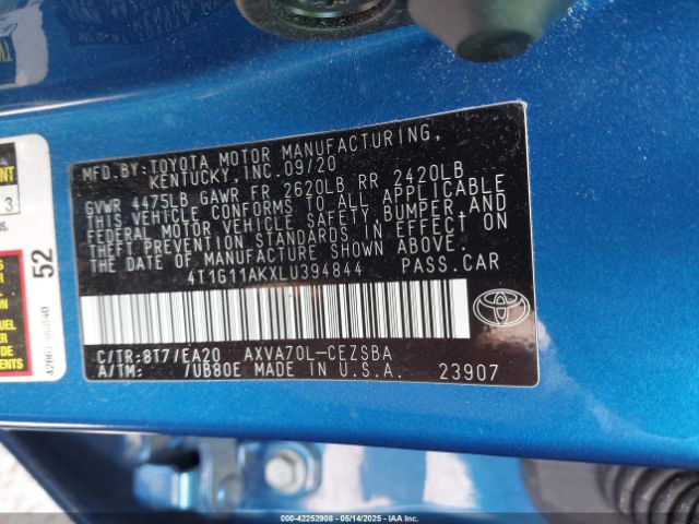 2020 TOYOTA CAMRY 4T1G11AKXLU394844 Photo 8