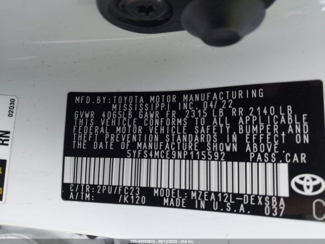 5YFS4MCE9NP115592 Toyota COROLLA SE