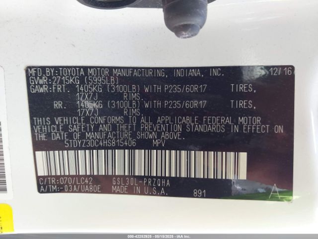 5TDYZ3DC4HS815406 Toyota Sienna Xle 8 Passenger