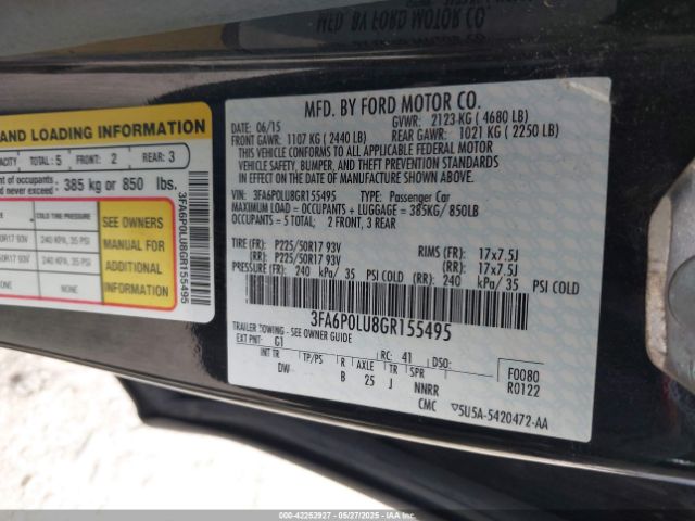 3FA6P0LU8GR155495 Ford Fusion Hybrid Se