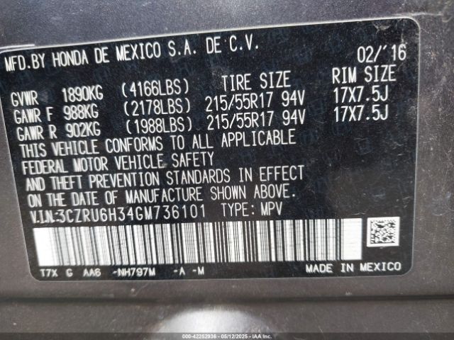 3CZRU6H34GM736101 Honda r18z9