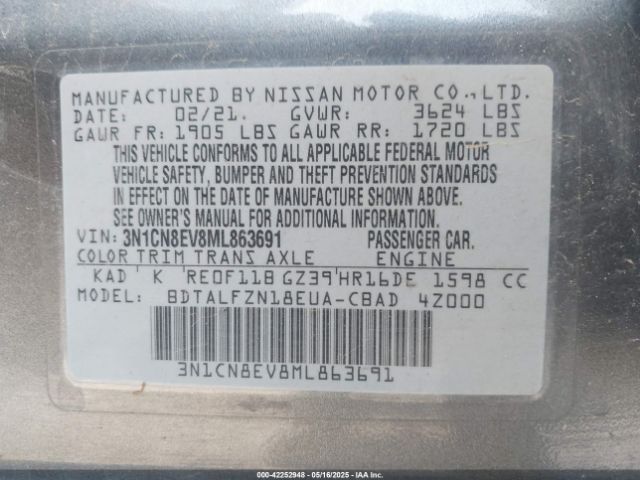 3N1CN8EV8ML863691 Nissan Versa Sv Xtronic Cvt