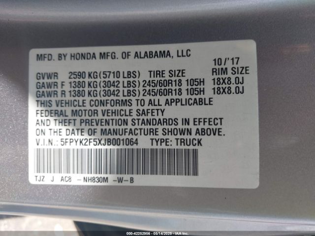 5FPYK2F5XJB001064 Honda Ridgeline Rtl