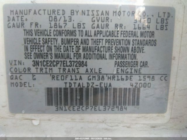 3N1CE2CP7EL372984 Nissan Versa Note Sv
