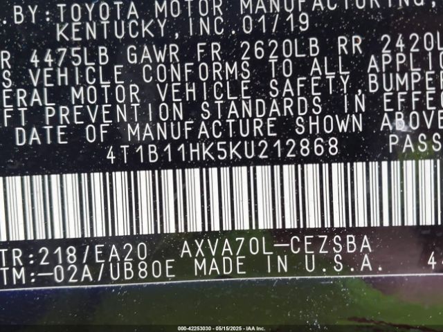 2019 TOYOTA CAMRY 4T1B11HK5KU212868 Photo 8
