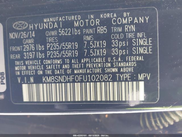 KM8SNDHF0FU102082 Hyundai Santa Fe Gls