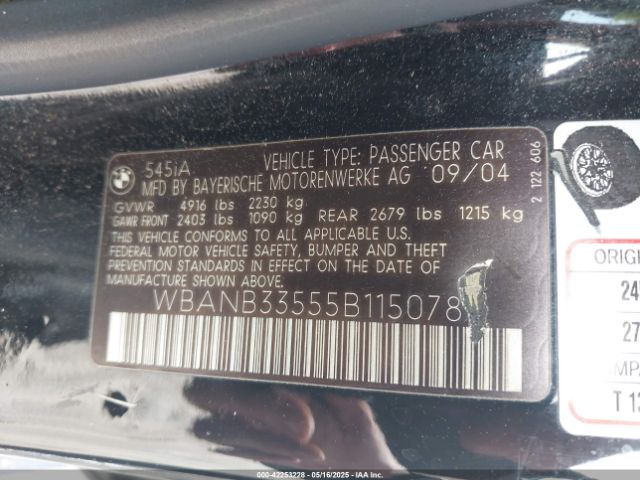 2005 BMW 545I WBANB33555B115078 Photo 8