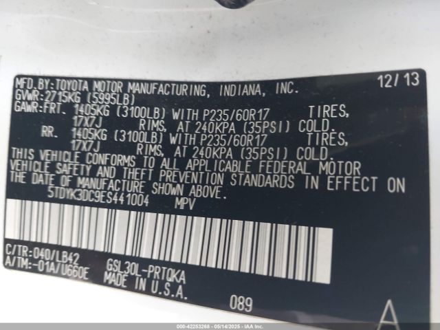 5TDYK3DC9ES441004 Toyota Sienna Xle V6 8 Passenger