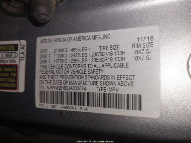 5J6RW2H80JA002574 Honda Cr-v Ex-l/ex-l Navi