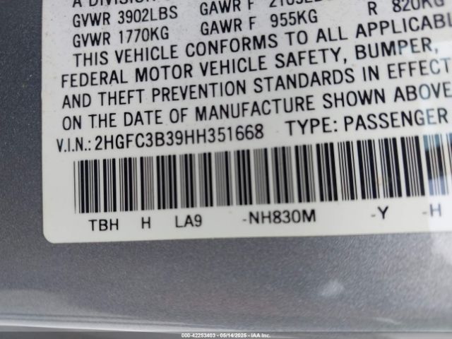 2HGFC3B39HH351668 Honda Civic Ex-t