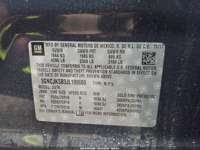 3GNCJKSB3JL189680 Chevrolet TRAX LS
