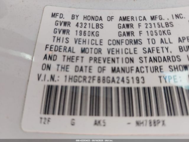 1HGCR2F88GA245193 Honda Accord Ex-l