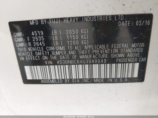 Subaru Legacy 2.5i Premium 2016 4S3BNBC6XG3040049 Image 9