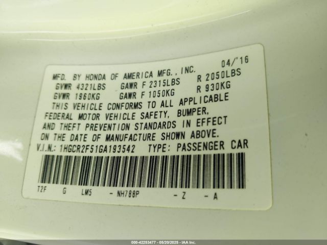 1HGCR2F51GA193542 Honda Accord Sport