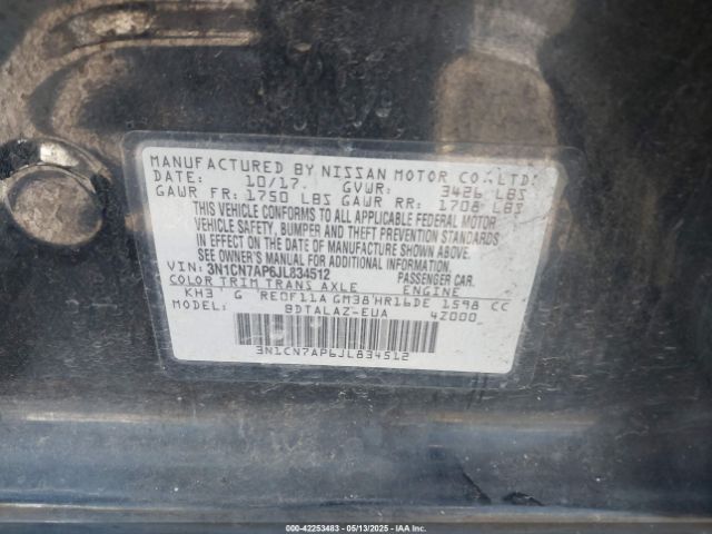 3N1CN7AP6JL834512 Nissan Versa 1.6 S+