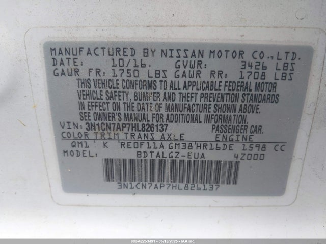 3N1CN7AP7HL826137 Nissan Versa 1.6 Sl