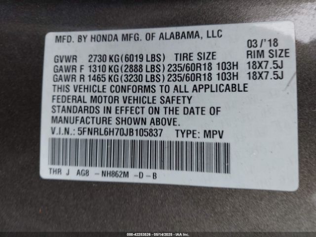 2018 HONDA ODYSSEY 5FNRL6H70JB105837 Photo 8