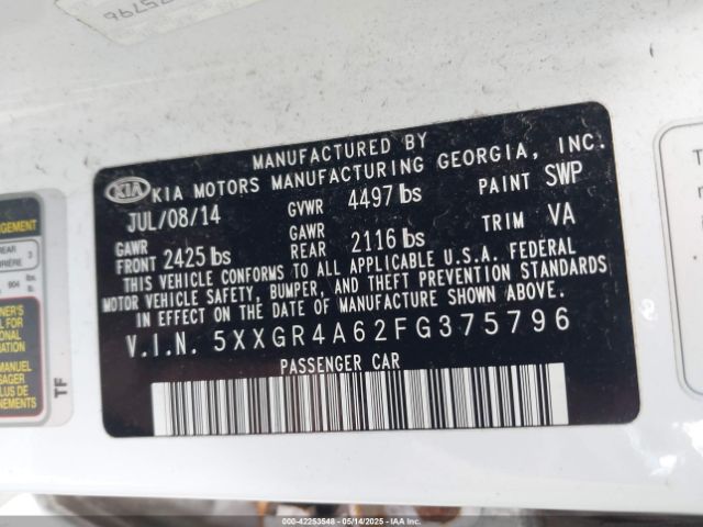 5XXGR4A62FG375796 KIA Optima Sxl Turbo