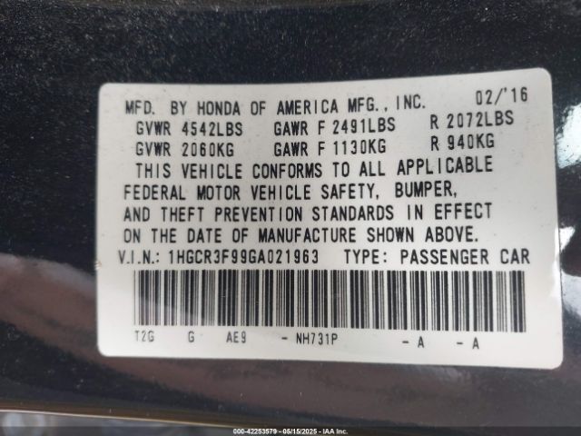 1HGCR3F99GA021963 Honda Accord Touring