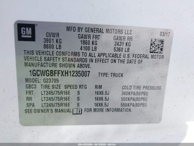 1GCWGBFFXH1235007 Chevrolet Express 2500 Work Van