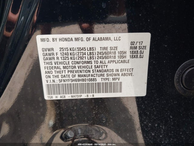 Honda Pilot Ex-l 2017 5FNYF5H69HB010885 Image 9