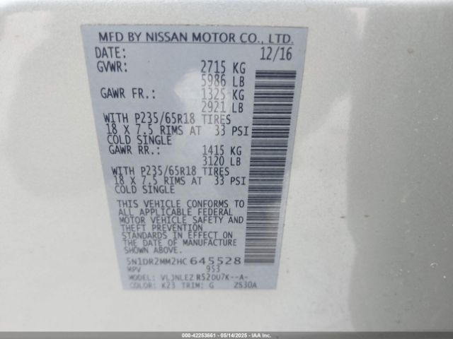 5N1DR2MM2HC645528 Nissan Pathfinder Sv
