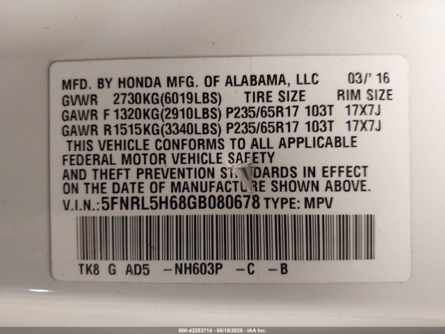 5FNRL5H68GB080678 Honda Odyssey Ex-l