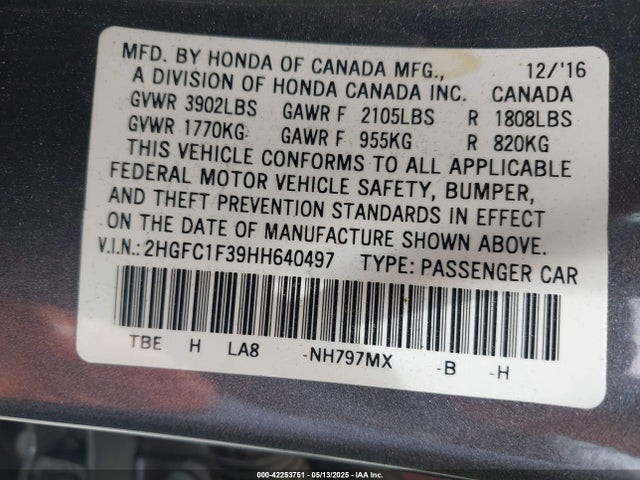 2HGFC1F39HH640497 Honda Civic Ex-t