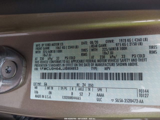 2020 FORD ESCAPE 1FMCU0H64LUB89853 Photo 8