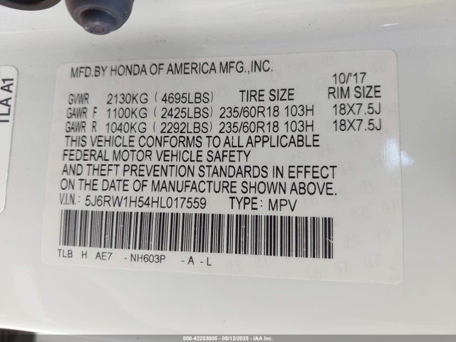 5J6RW1H54HL017559 Honda l15be