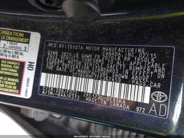2T1BURHE7FC367459 Toyota Corolla S Plus