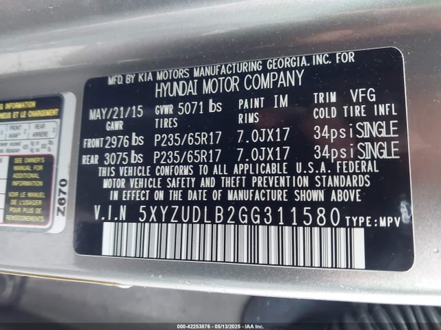 5XYZUDLB2GG311580 Hyundai Santa Fe Sport 2.4l
