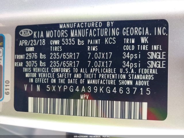 2019 KIA SORENTO 5XYPG4A39KG463715 Photo 8